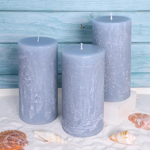 Ocean Scented Candles, Gray Blue Pillar Candles Set of 3 Tall in 3X6 Inch, Long Clean Burning Smokeless & Dripless Aromatherapy Candles for Home Decor - Image 5