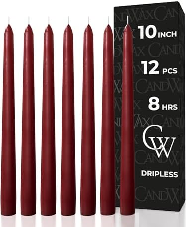 CANDWAX 10 inch Burgundy Taper Candles Set of 12 - Unscented Dripless Burgundy Candlesticks - Christmas Taper Candles with Burning Time up to 8 Hours - Christmas Candle Sticks by CANDWAX