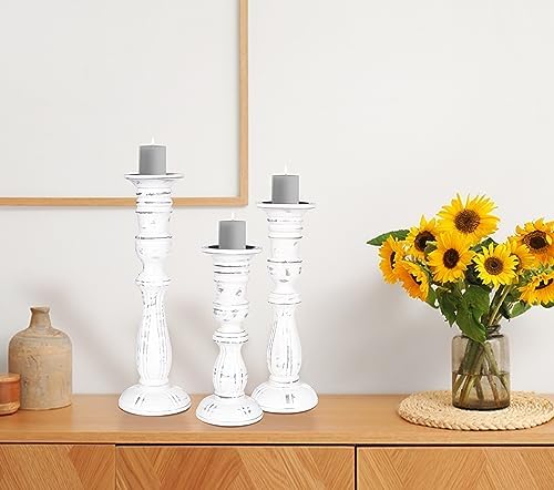 Wooden Candle Holder Set of 3, Tall White Antique Pillar Candle Holders, Rustic Farmhouse Decor, Brown Wooden Candle Stands for Home Decoration - 16, 14, 12 Inch Height - Image 4