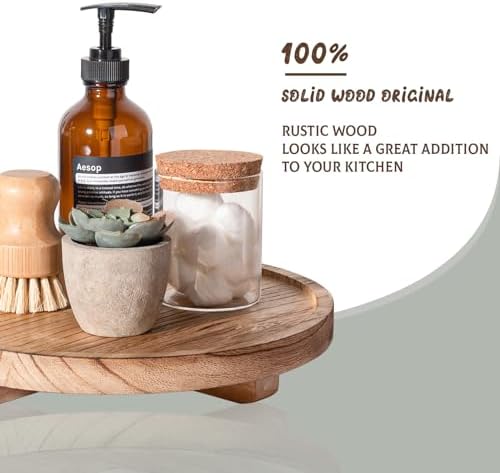 Round Decorative Tray Wood Bathroom Counter Organizer Farmhouse Kitchen Decor Wooden Riser for Soap Dish, Perfume, Candle, Sponge, 10" - Brown - Image 4
