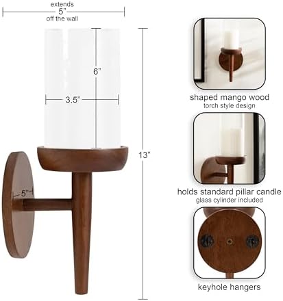 Kate and Laurel Shae Transitional Wooden Wall Sconce; 5 x 5 x 13; Walnut Brown; Modern Candle Holder with Removable Glass Cylinder for Flameless Pillar Candles in Bedroom or Entryway - Image 2