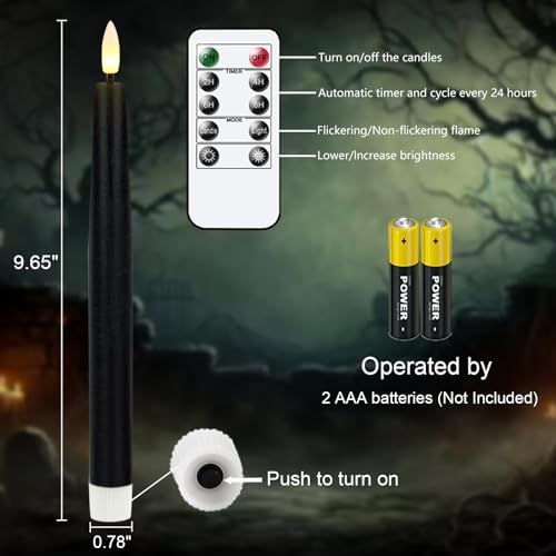 GenSwin Black Flameless Taper Candles with Remote, Halloween Flameless Candles Flickering Battery Operated, Real Wax LED Halloween Candlesticks with 3D Wick for Home Decor(Set of 3, 0.78” x 9.65”) - Image 3