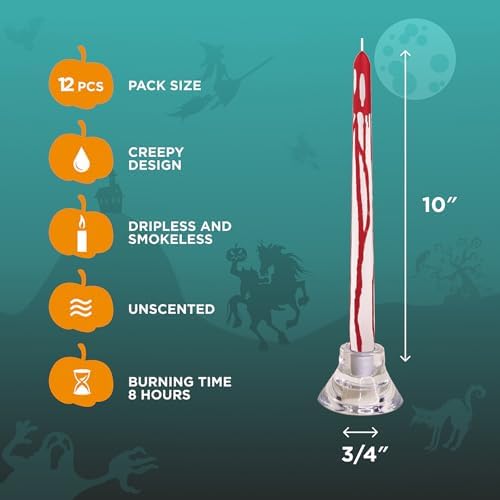 CANDWAX 10 inch Taper Candles Set of 12 - Dripless Candlesticks Burning for 8 Hours - No Drip Tapered Candles Ideal as Halloween Decor - Blood White - Image 2