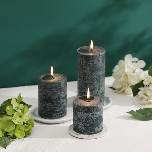 3x3 Inch Dark Green Pillar Candles Set of 3 - Hand-Poured Unscented Candles, Long Clean Burning, Dusty Sage Candle, Smokeless Dripless Candle for Dinner Table, Wedding, Home, Rustic Decor - Image 4