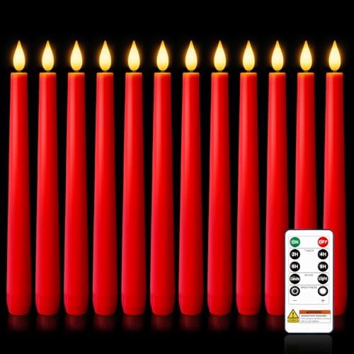 Homemory 12 Pcs Waxy Red Flameless Taper Candles with Remote, Led Flameless Candlesticks Classic Tall Candle, Flickering Battery Operated Taper Candles for Bedroom, Dining Room, 9.6 inches by Homemory