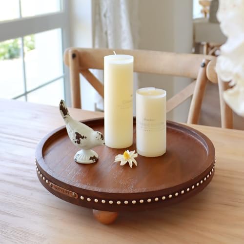 Farmhouse Decorative Round Tray, 11.81 Inch, Versatile Centerpiece Tray for Coffee Table Kitchen Living Room Bathroom, Home Decor Accent Brown Color - Image 2