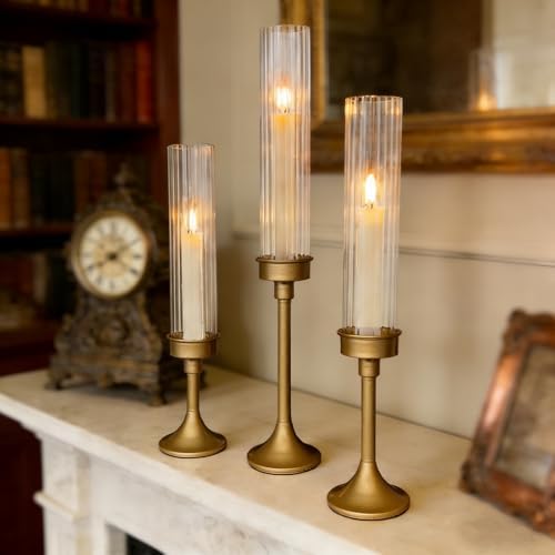 Gold Hurricane Candle Holders - Brass Candlestick Holders Set of 3 - Image 3