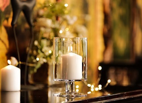 CYS EXCEL Glass Hurricane Pillar Candle Holder (H:8" W:4.75") | Multiple Size Choices Short Stem Candle Centerpieces | Stemmed Glass Cylinder Candle Vase - Image 5