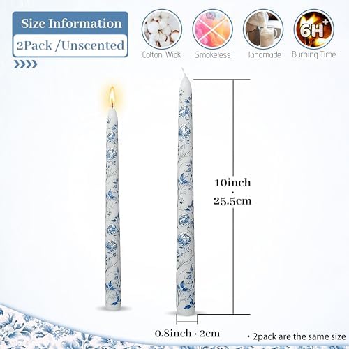 Blue and White Porcelain Taper Candles 10 inch - 2 Pack Peony Pattern Printed Smokeless, Unscented Tall Candlesticks Perfect for Home Decor, Weddings, and Special Occasions - Image 2