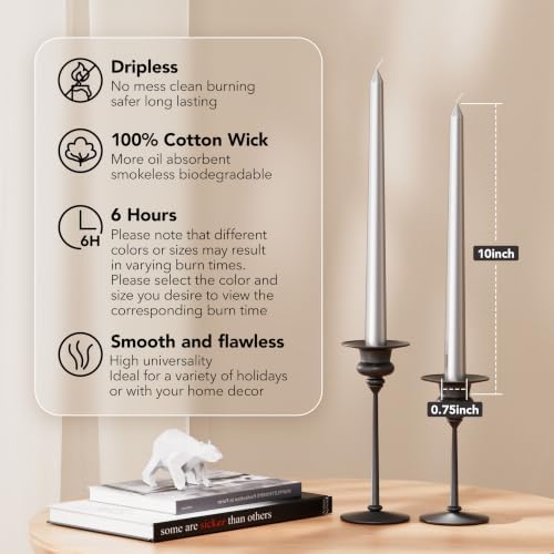 New Burning Formula Unscented Dripless 10-Inch Taper Candles Set of 12 - Silver, for Wedding, Dinner - Smokeless, Long Burning - Hand Poured, Colored Tall Candlesticks - Plata - Image 2