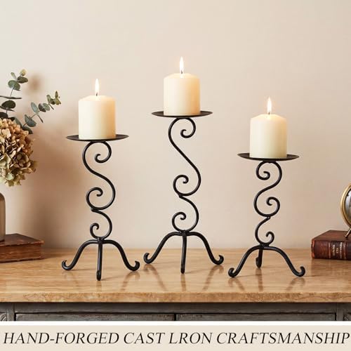 3 Pcs Black Iron Candlestick Holders 11.8,9.8,6.3 Inch, Antique - Image 6