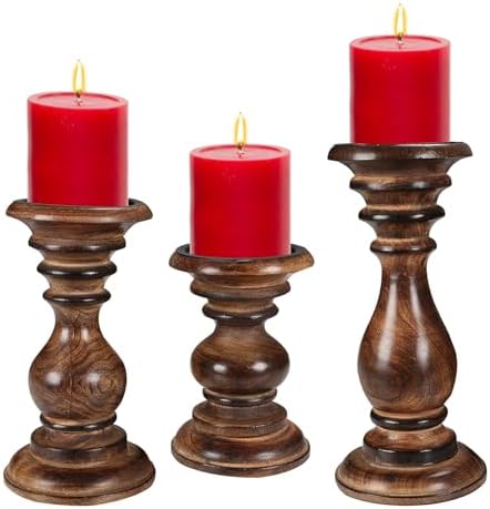 Candle Holders Set of 3 (10",8" & 6" Height)_Burnt Finish,Pillar Candle Holder in Mango Real Wood,Decorative Candle Holders for Table Centerpiece, Wedding, Party, Home Décor, Spa, Farmhouse, Gifting by TheWoodenTown