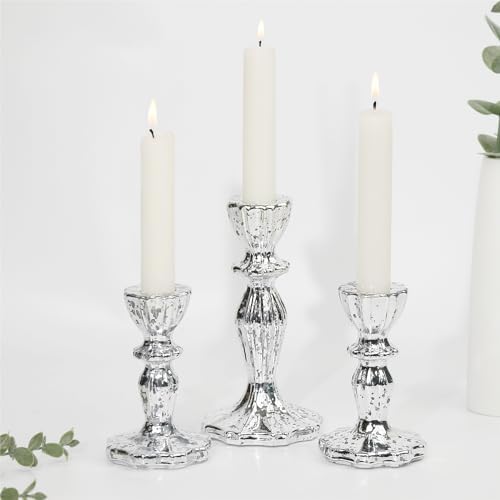 Glass Candlestick Holders Set of 3, Silver Mercury Candle Holder Taper Candle Holders for for Candlesticks, Table Centerpiece, Home Decor,Wedding, Birthday, Party, Christmas by CHOCSTAY