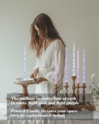 Colored Tall Taper Candles 12 inch Unscented Smokeless Long Tapered Candle for Candlesticks Sticks Wedding Home Decor Dinner Christmas，Set of 12,Print-Flower - Image 2