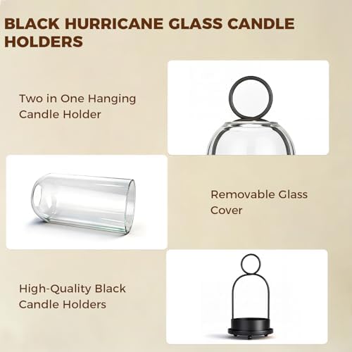 5"&4" Hurricane Glass Candle Holders, Hanging Black Metal Candle Holder - Image 3