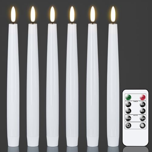GenSwin LED Taper Candles with Remote Timer, White Flickering Flameless Taper Candles Battery Operated, Real Wax Flameless Candlesticks for Halloween Christmas Decorations(Set of 6, 0.78” x 9.84”) by GenSwin