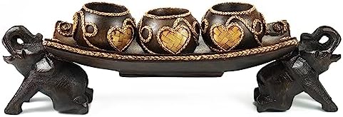 AeraVida Thai Elephant Wooden Candle Holder Tray Rain Tree Wood Hand Carved Votive Tealight Centerpiece Home Decor 14 Inch Handmade by AeraVida