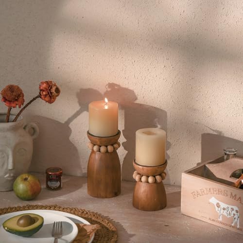 NIKKY HOME Farmhouse Beaded Wooden Pillar Candle Holders Set of 2 - Image 2