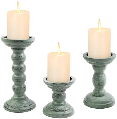 Set of 3 Candle Stick Holders Decor Rustic Wooden Candle Holder Mint Green Farmhouse Candle Stands for Table Centerpiece, Vintage Pillar Candle Holders for Living Room by Unknown