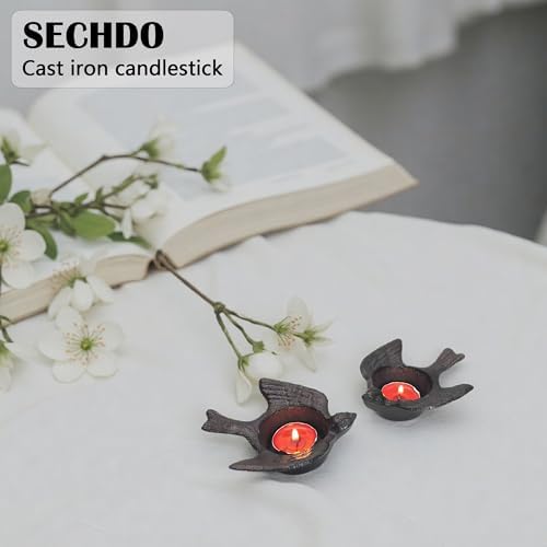 Small Cast Iron Candle Holder, Set of 2, Small Handmade Vintage Tea Light Candlestick Holders, Rustic Candle Holder, Farmhouse Candle Stand for Fireplace Shelf Home Decor (Bird Pattern) - Image 5