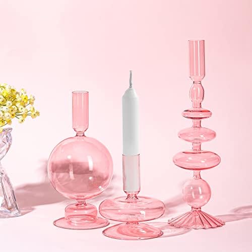 Rtteri 3 Pcs Iridescent Glass Candlestick Holders Taper Candle, Pink - Image 4