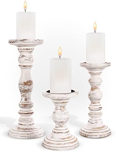 Wooden Pillar Candle Holder, Farmhouse Fireplace Mantel Decor, Rustic White by LuxeDesigns