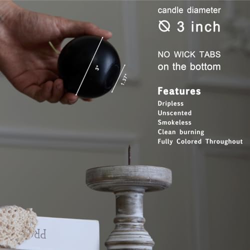 MOZEAL Hand-Poured, 3 Inch Black Round Ball Candles - Elegant Black Round Pillar Candles Set of 3, Dripless, Unscented, Smokeless, Ideal for Halloween Decor. - Image 4