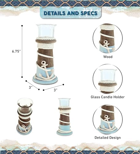 COTA Global Evian Wooden Coastal Decor Nautical Candle Holder - Tabletop Centerpiece, Ocean-Themed with Decorative Nautical Rope and Anchor Design - Handmade, Color May Vary - Image 2