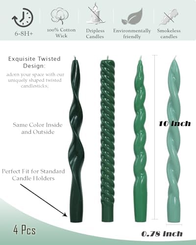 Green Taper Candles Spiral Candlesticks Unscented Smokeless Tall Candles for Wedding Holiday Dinner Party Home Decorative candles-10inch,4pcs - Image 6