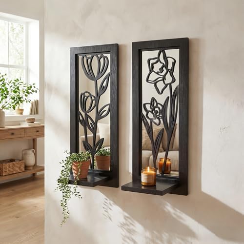 ZEXUIRU 2 Set Rustic Candle Sconces Living Room Bedroom Entryway Wood Mirrored, Farmhouse, Carved Frame Wall-Mount Wooden Candle Holders Wall Decor Hanging Handmade Holder - Black by ZEXUIRU