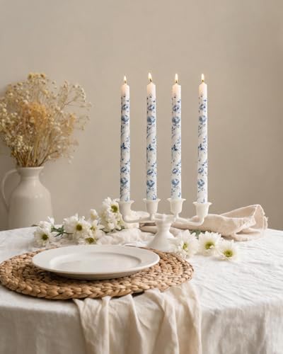 MAITREYA Chinoiserie Taper Candles Blue and White Chinoiserie Decor Candlesticks for Wedding Party Home Table Centerpiece Christmas Halloween Gifts-10Inch,4 Pcs,Peony - Image 5