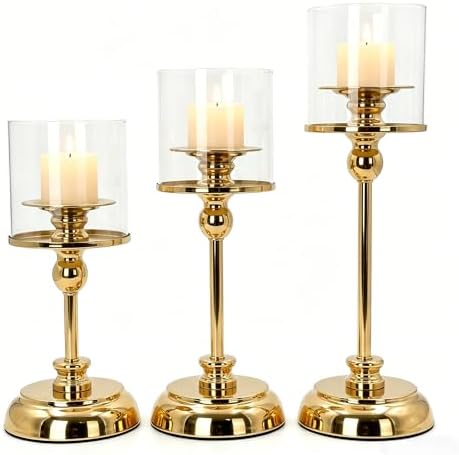 3PCS Gold Hurricane Candle Holders, Glass Hurricane Candlestick Holders for Pillar Candles, Tall Metal Candle Holders with Removable Glass Shade for Wedding Centerpieces, Dining Table Decor by Unknown