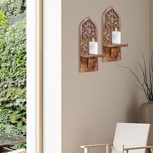 Burnt Natural Wall Mounted Candle Sconces (Set of 2) - Decorative Hand-Carved Wooden Candle Holders, Farmhouse Style, Perfect for Living Room, Bedroom & Kitchen Wall Décor - 16 Inch - Image 5