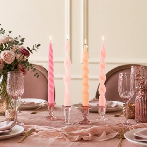 4 Pack Twisted Taper Candles Unscented Dripless Spiral Candlesticks Smokeless Swirl Wax Colorful Decorative Candle Sticks for Wedding Dinner Party Home Decor (Pastel Pink Yellow, 7.8 inch) - Image 3