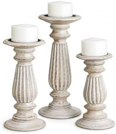 Antique White Candle Holder Set of 3 Hand Painted Wedding and Home Decor Candlestick Holder H 6 x 8 x 10 Inch by THOR+INSTRUMENTS