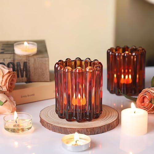 6 Pcs Votive Candle Holder, Amber Glass Vintage Tea Light Candle Holders - Image 6