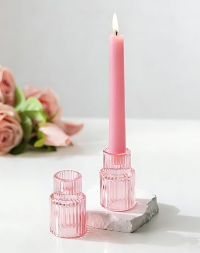Romadedi 2-Pack Pink Ribbed Glass Taper Candle Holders, 2.76 in by ROMADEDI