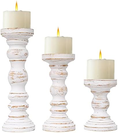 SWALLOWLIVING Rustic Farmhouse Wood Pillar Candle Holder Set of 3 for Candlestick, White by SwallowLiving