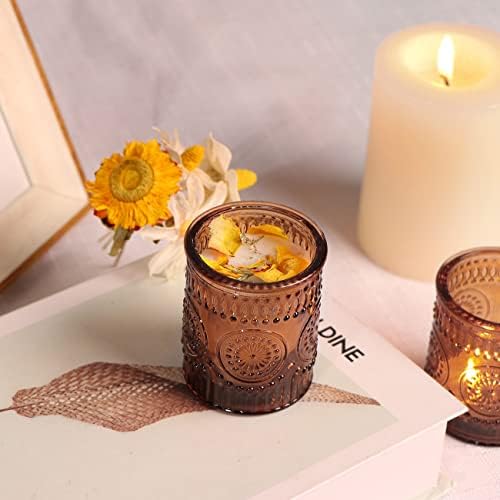 DEVI 24pcs Vintage Amber Votive Candle Holders, Amber Glass Tea Lights Candle Holder for Baby Shower, Boho Wedding Decorations, Vintage Boho Party Home Fall Centerpieces Table Decoration - Image 6