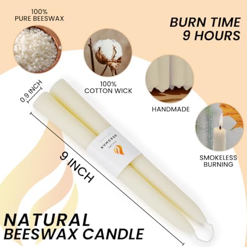 24PCS 9" Cream White Beeswax Taper Candles, Dripless & Smokeless - Image 2