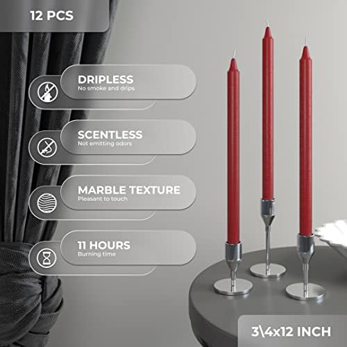 CANDWAX Bordeaux Taper Candles Pack of 12 - Slow Burning Dripless Unscented Straight Candles 12 inch - Ideal for Dinner Table - Smokeless Long Candlesticks - Image 2