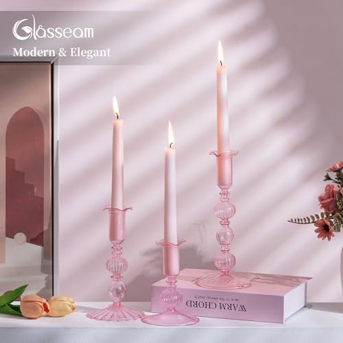 Glasseam 3 Pcs Pink Taper Candlestick Holders with Bobeche for Centerpiece - Image 4