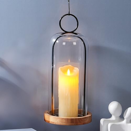 16" High Versatile Black Metal Candle Holder with Handmade Sturdy Glass Dome And Natural Wooden Base for Pillar Candle & Plants, Industrial, Farmhouse, Shabby Chic, Decorative Display Cloche Bell Jars - Image 3