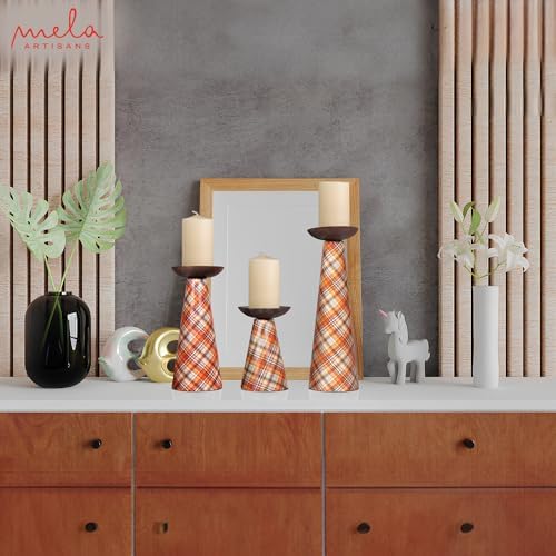 Mela Artisans Ochre Metal Candle Holders - Multi Plaid, Set of 3 - Image 7