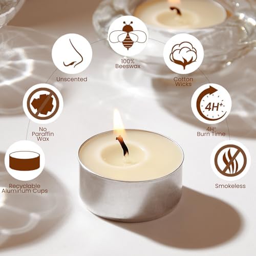 100PCS Beeswax Tealight Candles, Cream White, Aluminum Cups, 4H Burn - Image 2
