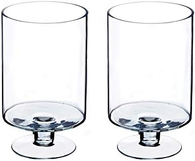 CYS EXCEL Glass Hurricane Pillar Candle Holders (H:10" W:6", 2 PCS) | Multiple Size Choices Short Stem Candle Jars | Stemmed Glass Cylinder Candle Vase by CYSEXCEL%C2%AE