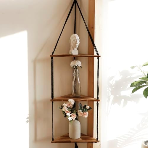 Artilady Corner Shelf Macrame Wall Hanging, 3 Tier Black Boho Storage Decor by Artilady