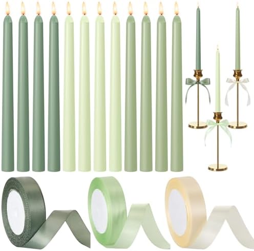 12 Pcs Sage Green Series Taper Candles with 3 Rolls of Ribbon by Windkream