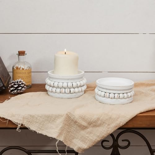 NIKKY HOME Farmhouse Beaded Wooden Pillar Candle Holders Set of 2, White - Image 4