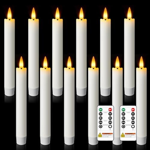 7 Inches Flameless Taper Candles with Remote Timer, Real Wax White Short Led Candlesticks, 3D Wick Light Battery Operated Candlesticks for Christmas Home Wedding Table Decor, 12 Pcs by meigic